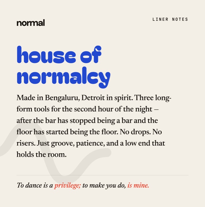 House of Normalcy booklet page with liner notes and release manifesto